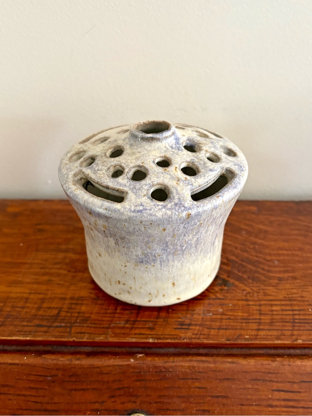 Handcrafted Pottery Flower Frog Vase - Cream and Light Purple - Signed